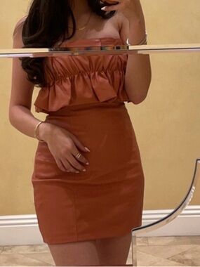 Rust Orange Strapless Ruffled Mini Dress